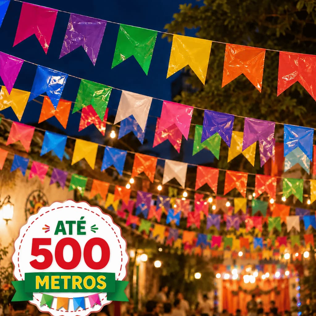 Bandeirinha Festa Junina Plástica Colorida 100 200 300 400 500 Metros Kit Bandeirola São João Julina Decoração Externa