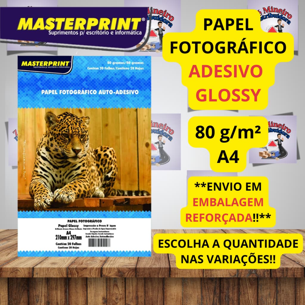 Papel Fotográfico Glossy Adesivo 80g A4 Pct c/20 Fls Foto Glossy Autoadesivo - MASTERPRINT
