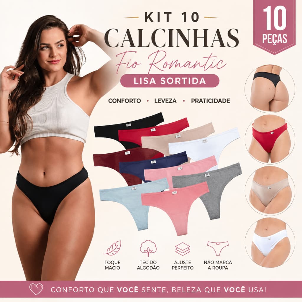 Kit 10 Calcinhas Fio Dental Feminina Lisa Conforto Dia a Dia