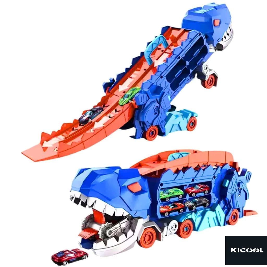 Caminhão Transporte Dinossauro T-Rex Ultimate Cegonha Pista Carrinhos Maleta