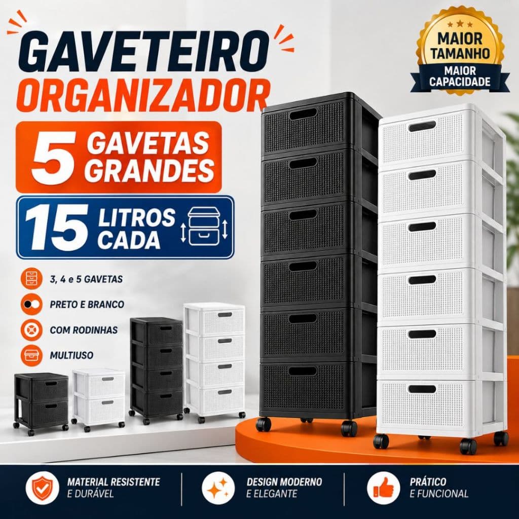 Gaveteiro Multiuso Porta Tudo Original Com Rodas Grande com 3, 4, ou 5 Gavetas