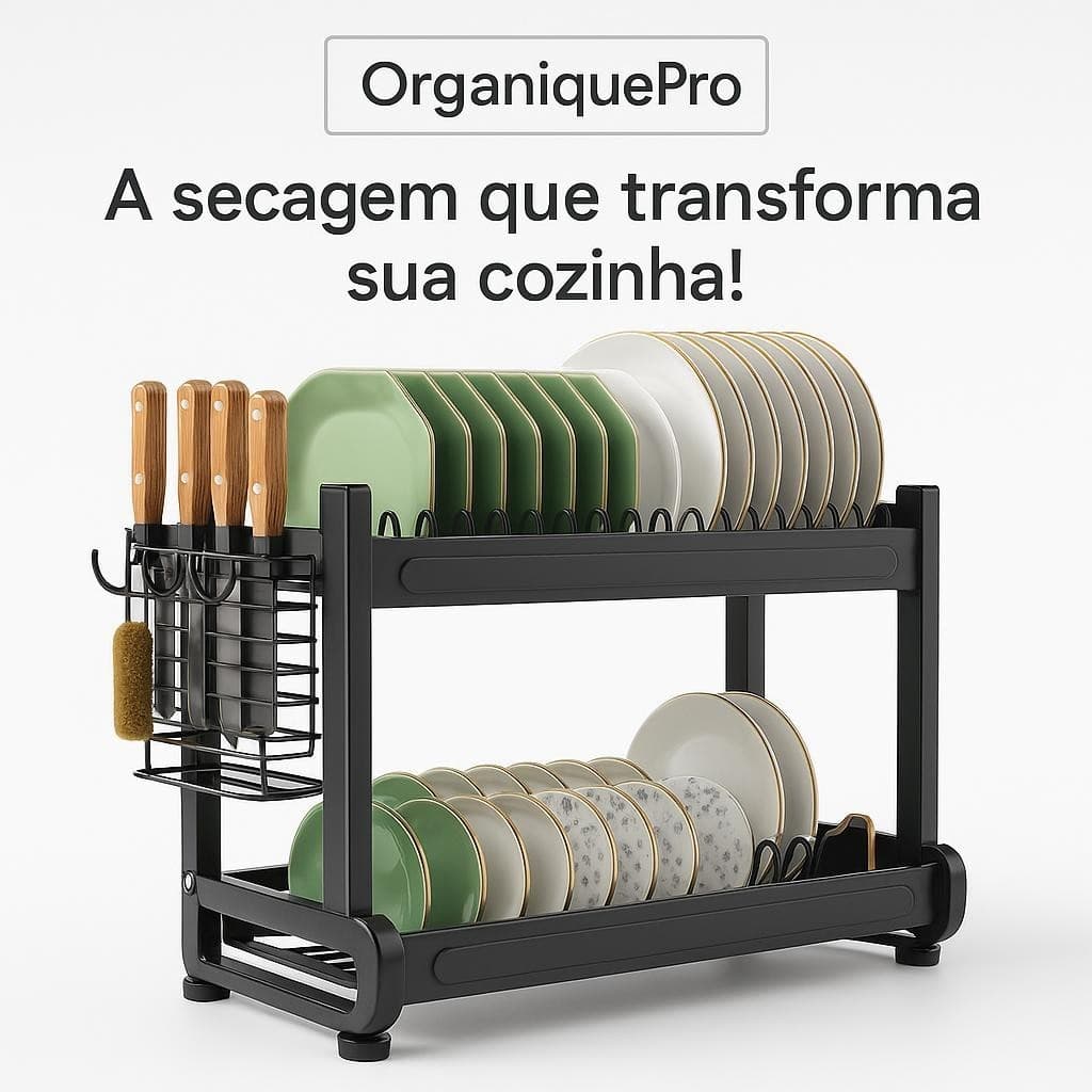 Escorredor Loucas 2 Andares Compacto Design Moderno Funcional Preto Fosco