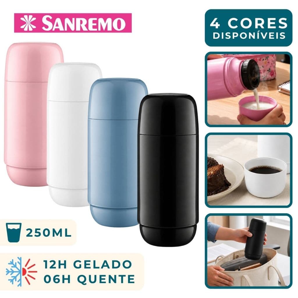 Garrafa Térmica Café Pequena Quente Frio Gelado Água Sanremo 250ml Com Tampa Copo Infantil Adulto