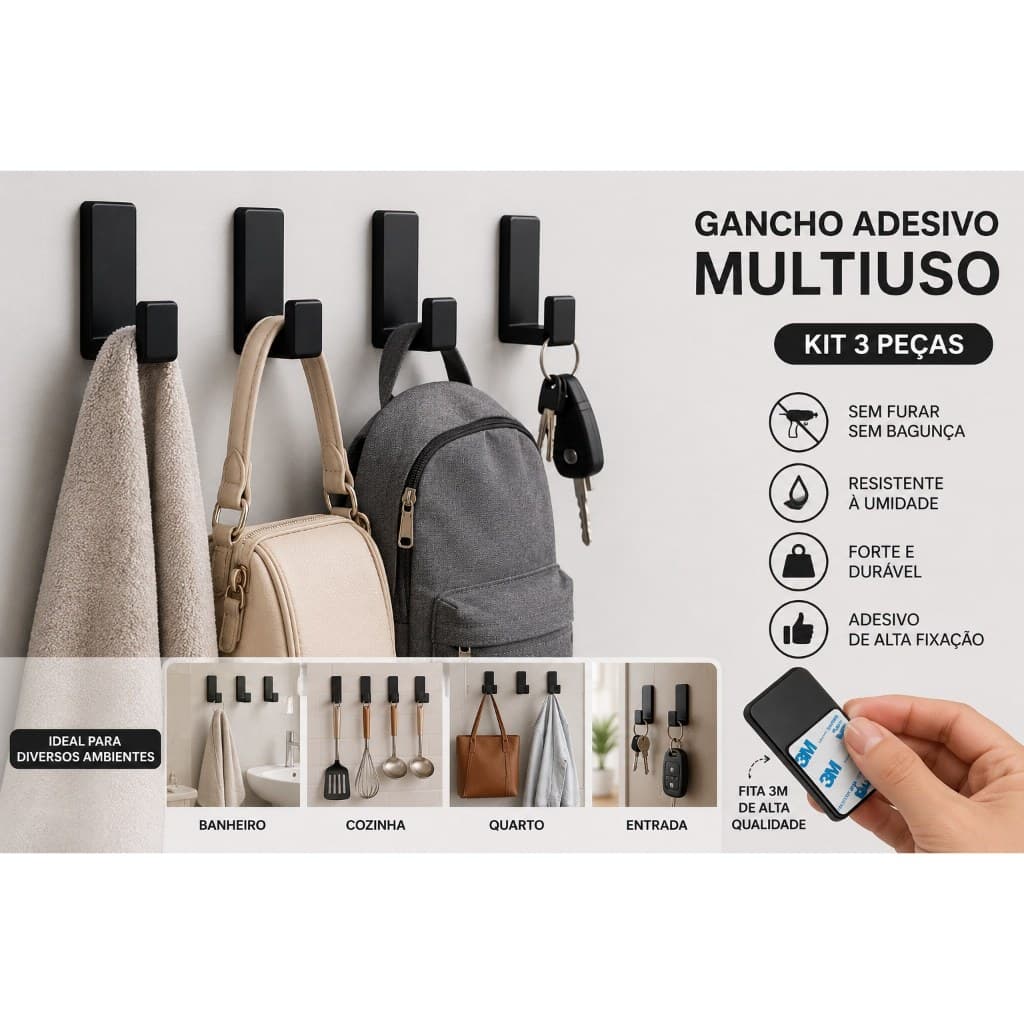 Gancho Adesivo Fixação Facil Forte Suporte Para Toalhas Roupas Utensílios Sem Furar Parede