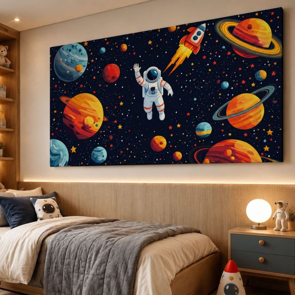 Quadro Infantil Astronauta Espaço Planetas Foguete Decorativo Quarto Criança MDF Alta Qualidade Tema Espacial Moderno