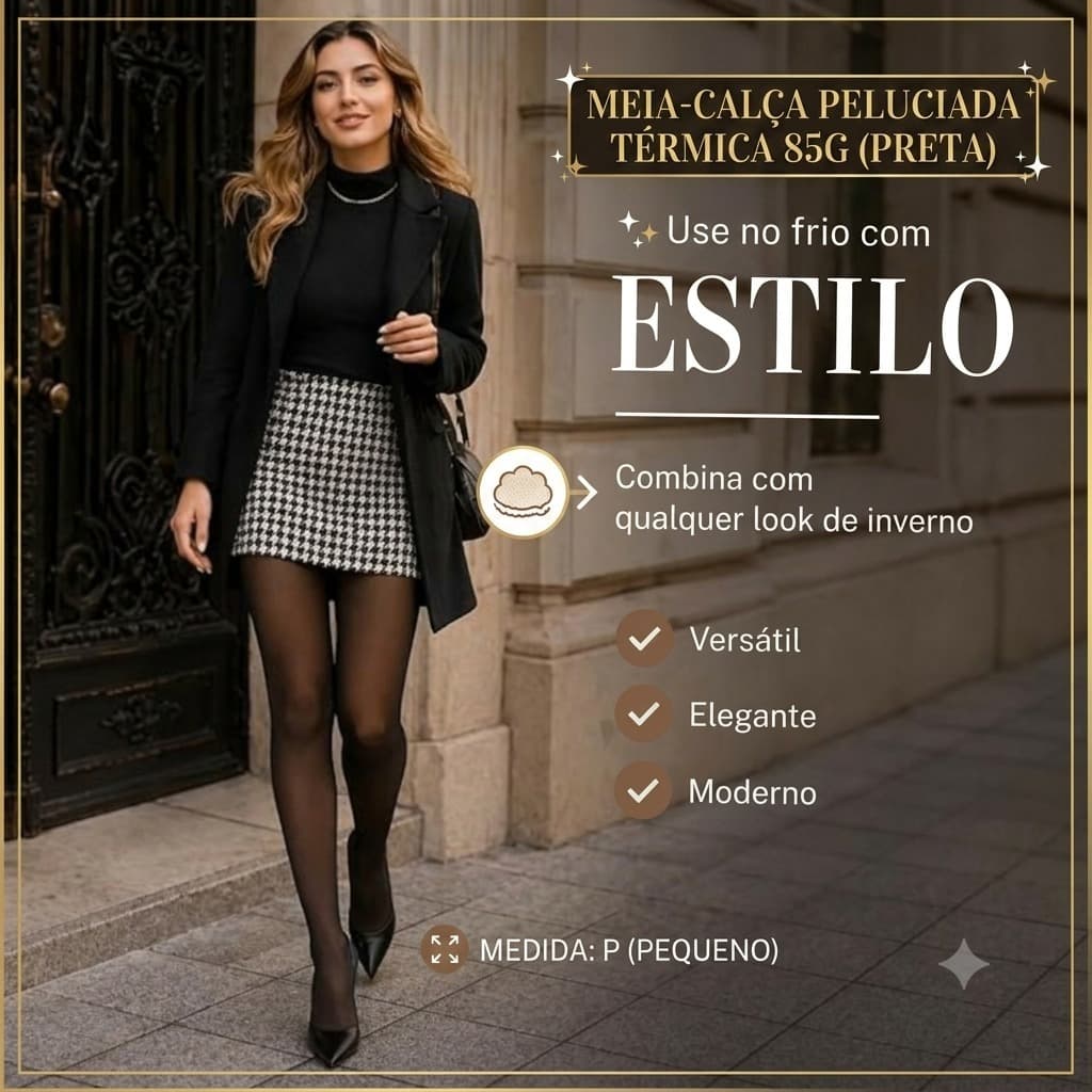Preta - (P) - Meia calça peluciada fina termica 85g