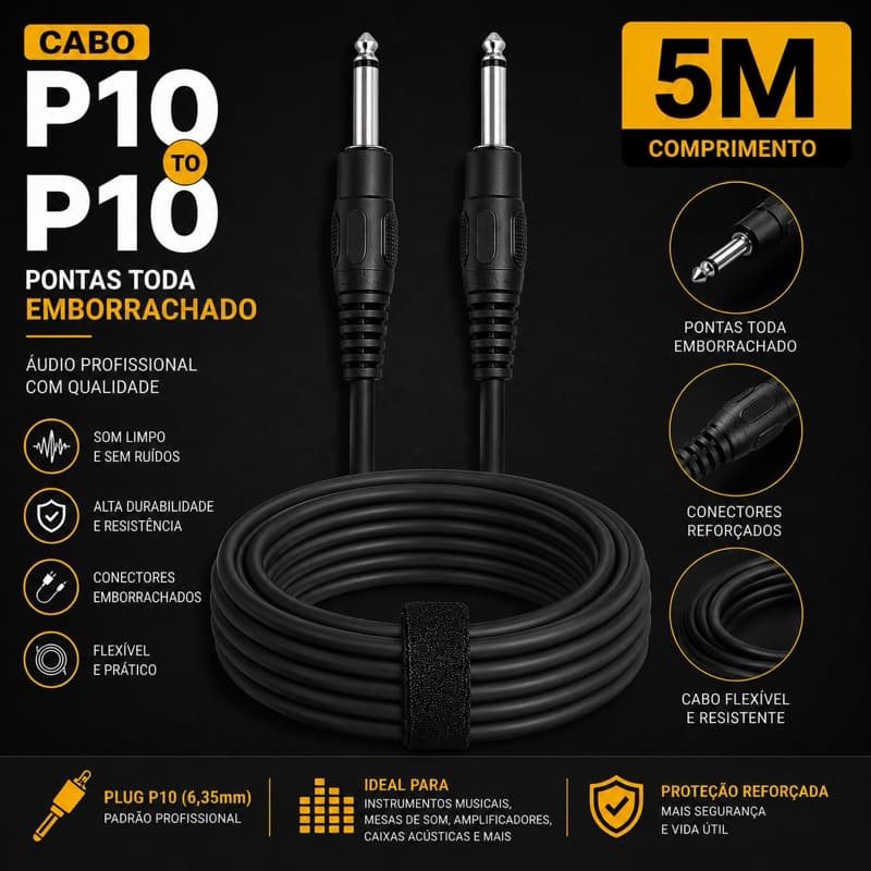 Kit Cabo P10 5M Para Guitarra Violão Contra Baixo Teclado Amplificador