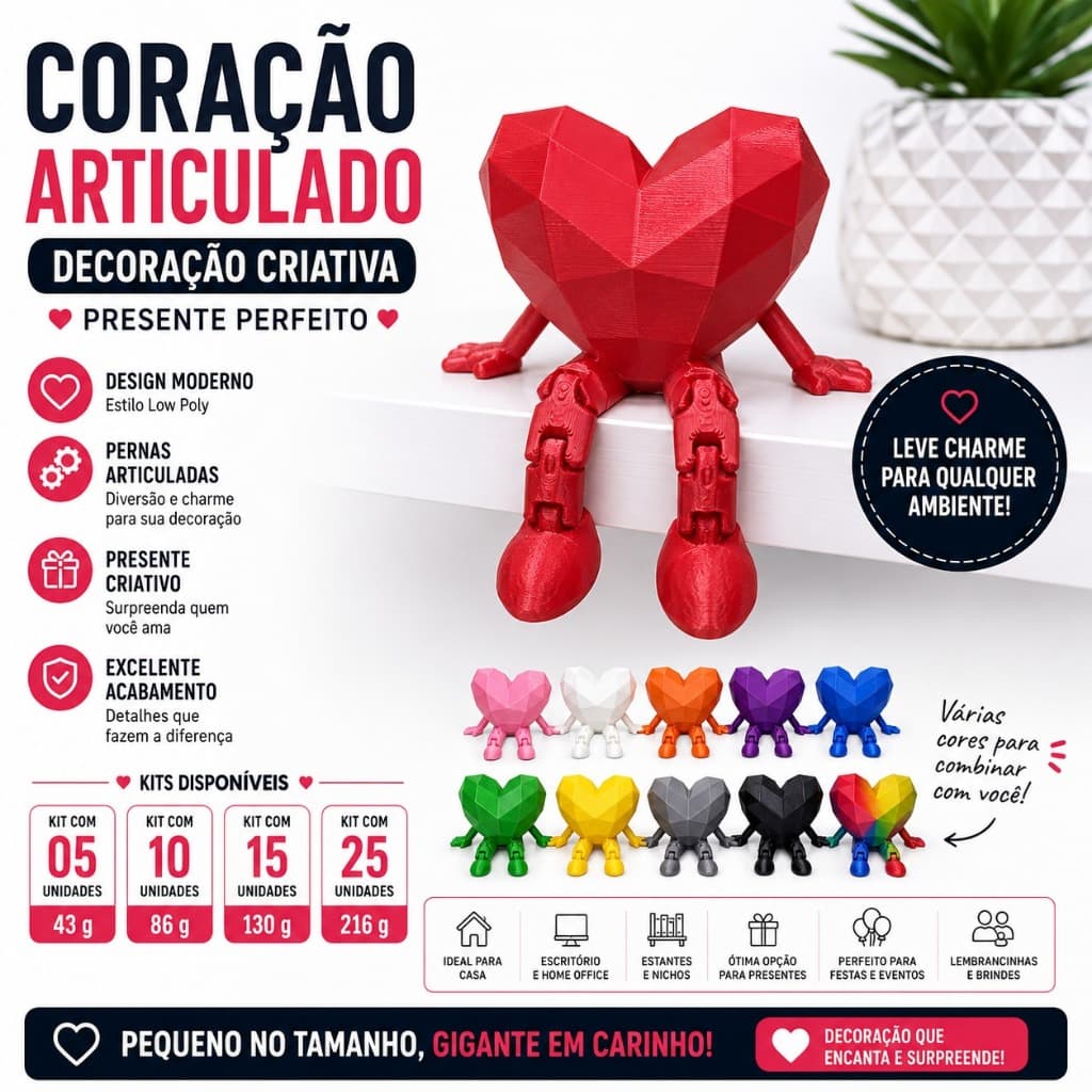 Mini Coração Articulado Decorativo Kit com 5 10 15 ou 25 Peças Enfeite para Mesa Quarto Lembrancinha Criativa