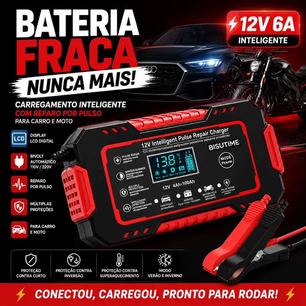 Carregador de Bateria 12V 6A Inteligente Bivolt Automático LCD Reparo por Pulso Carro Moto