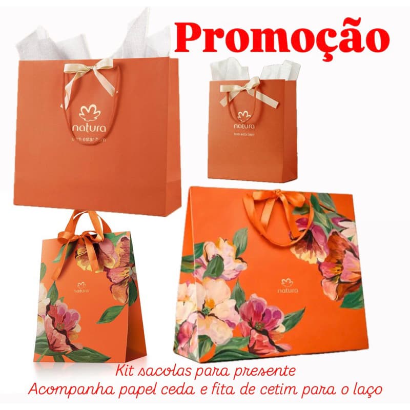 Kit com 05 Sacolas de Presente Natara com papel ceda e fita de cetim para laço variações