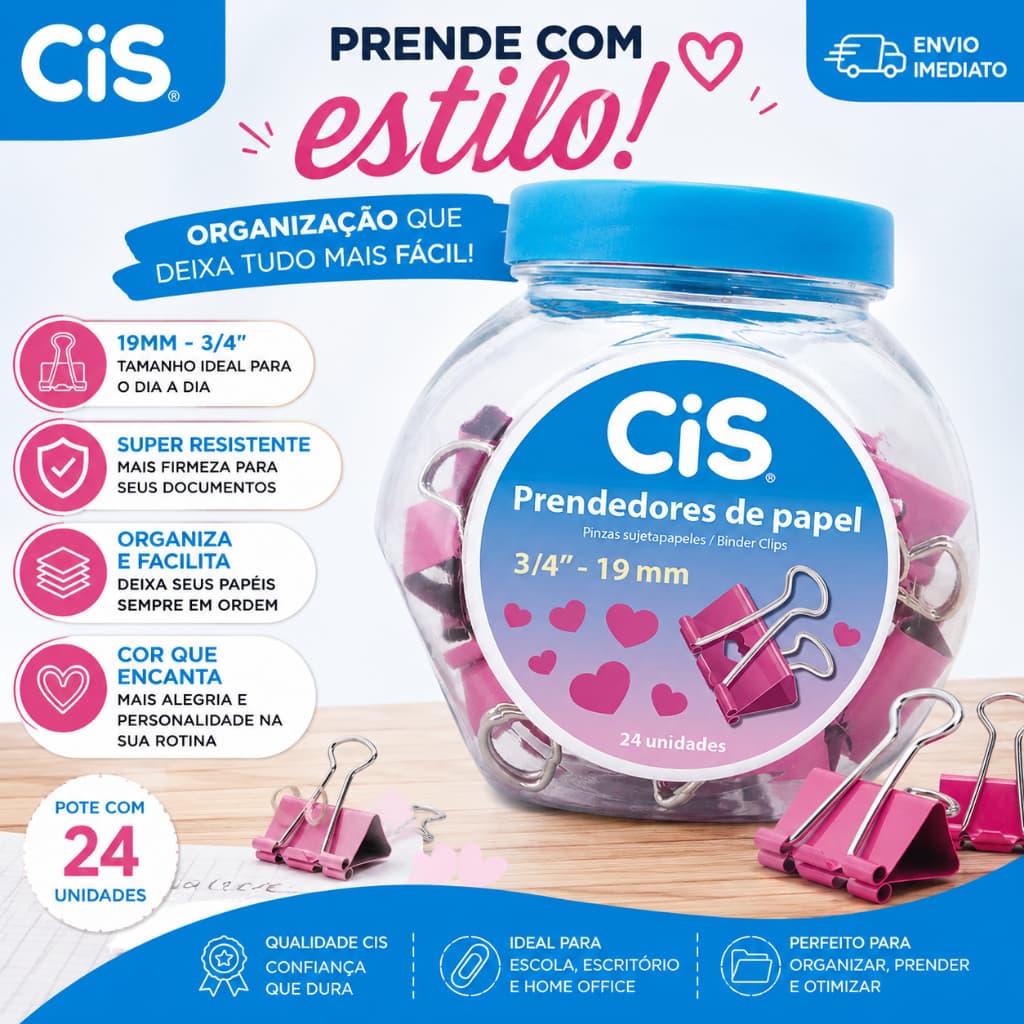 Binder Clips CIS 19mm Rosa Pote com 24 Prendedores de Papel Alta Resistência