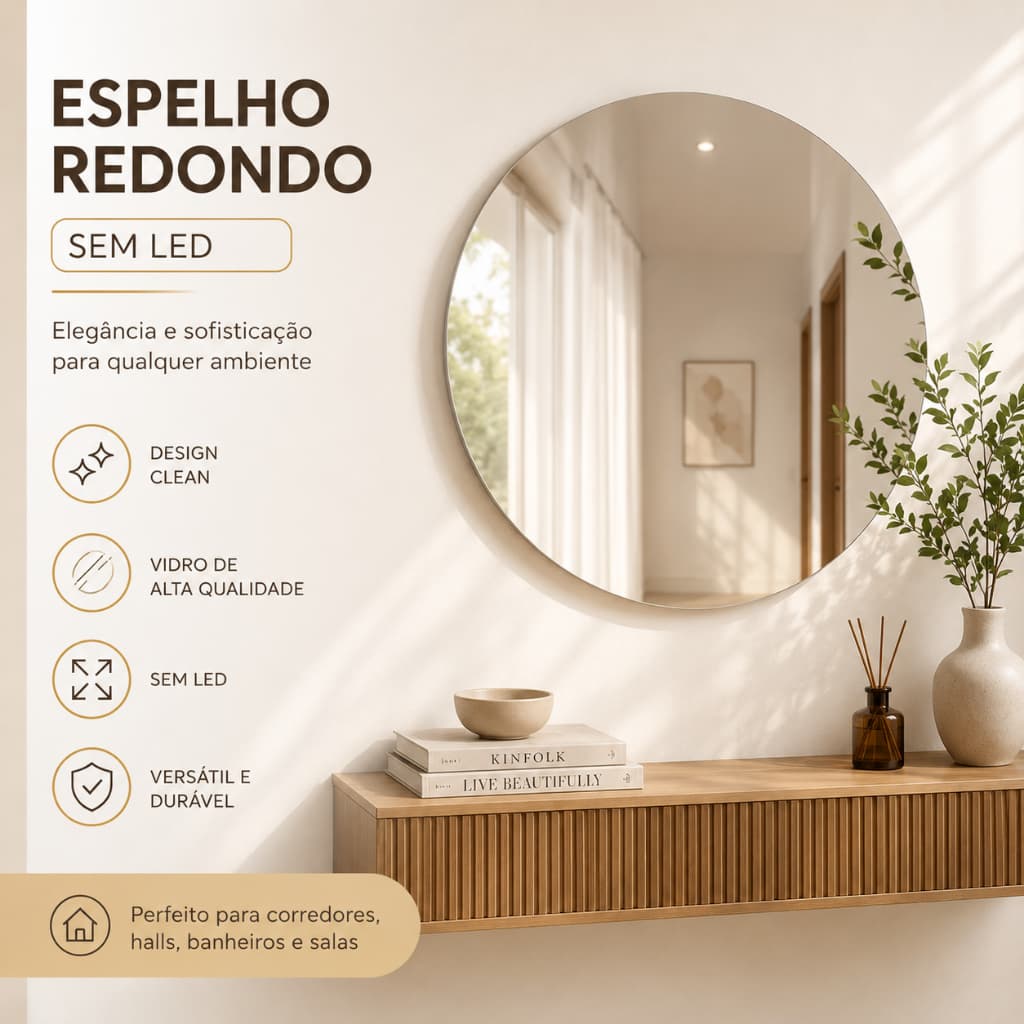 Espelho Redondo de Parede Lapidado Até 60cm Vidro Polido Banheiro Sala Quarto Hall Decorativo