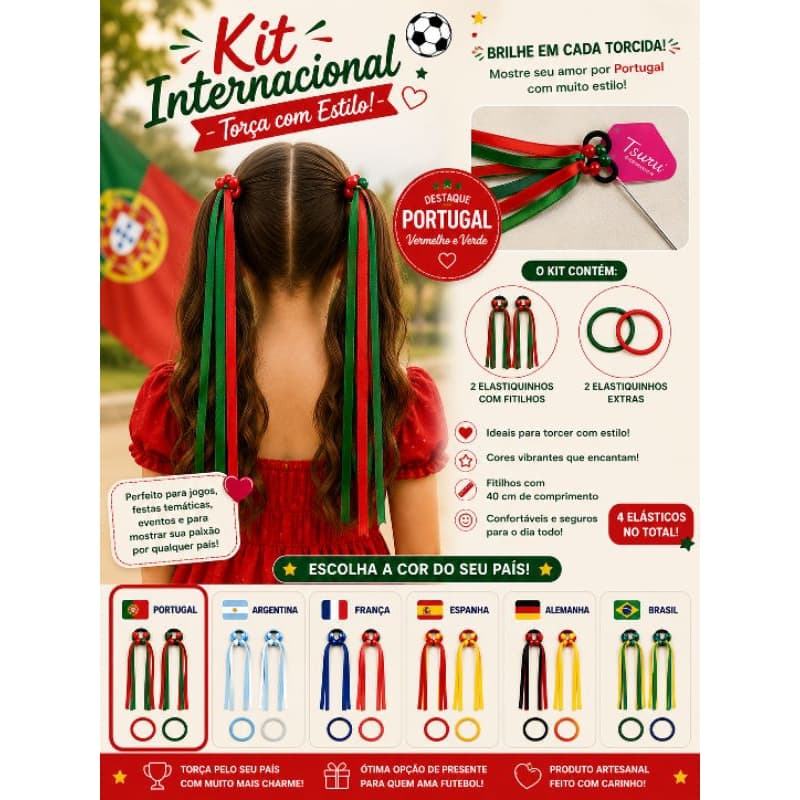 Kit Internacional para Cabelo com Fitilhos Escolha a Cor do País Brasil Portugal Argentina França Espanha Alemanha