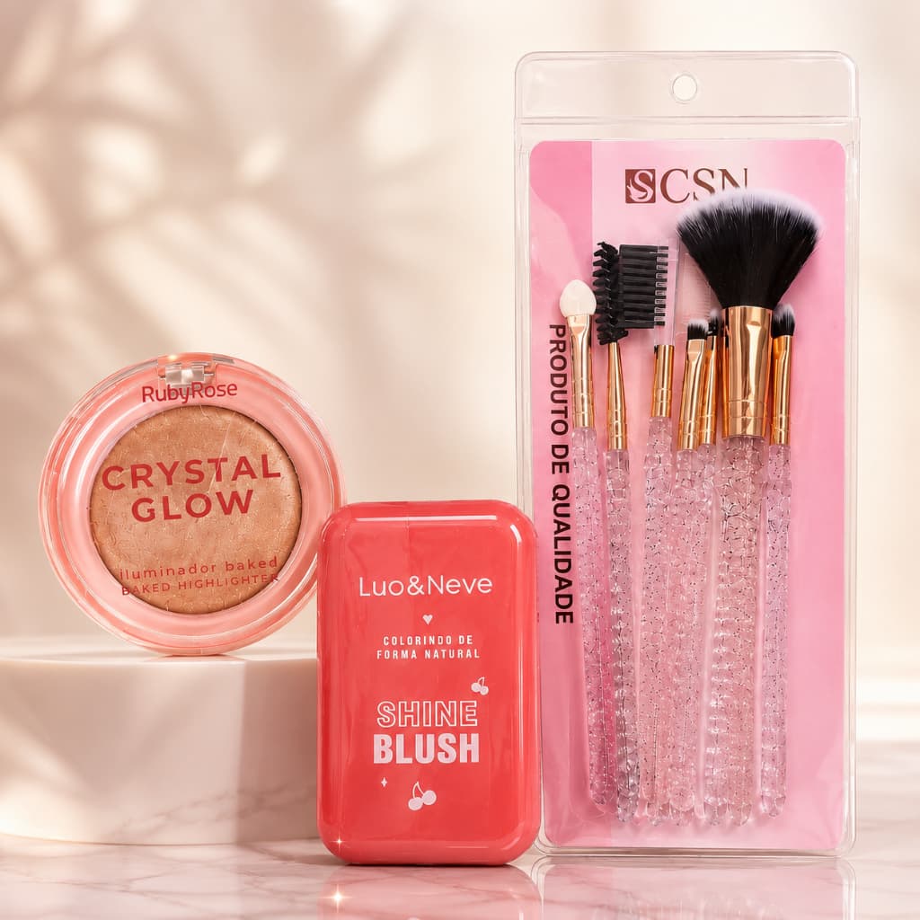 Kit maquiagem completo, kit maquiagem feminino, pincéis de maquiagem, kit pincéis, iluminador Ruby Rose, Crystal Glow, b