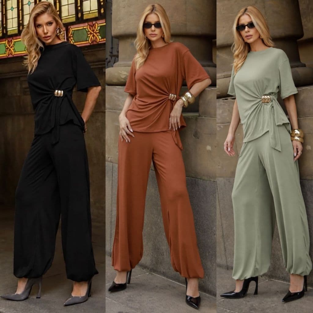 Conjunto Feminino Confortável Calça Aladim e Blusa com Detalhe Fivela Dourada e Laço Malha Premium