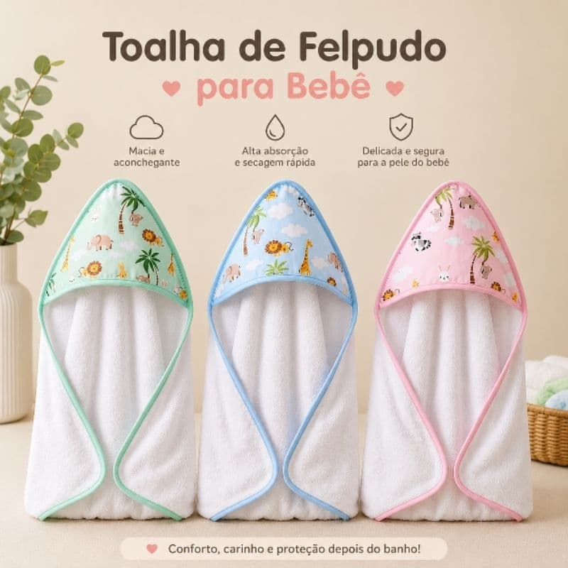 Toalha de Banho Felpuda para Bebê com Capuz – 70x70 cm