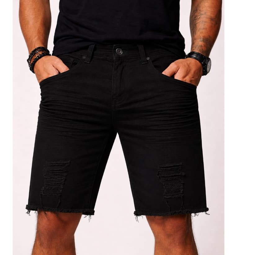 Bermuda Masculina Preta Rasgada Envio Imediato Short Brim / Jeans Rasgado Destroyed Slim Fit Promoção