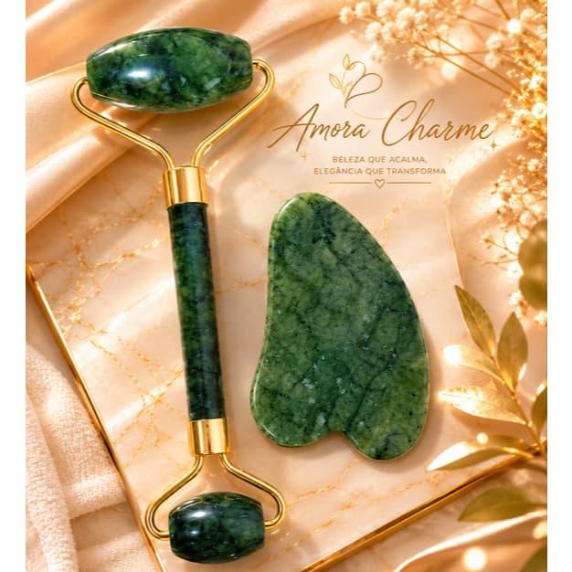 Kit Massageador Facial Roller + Gua Sha Pedra Jade Verde para Skincare e Massagem Facial