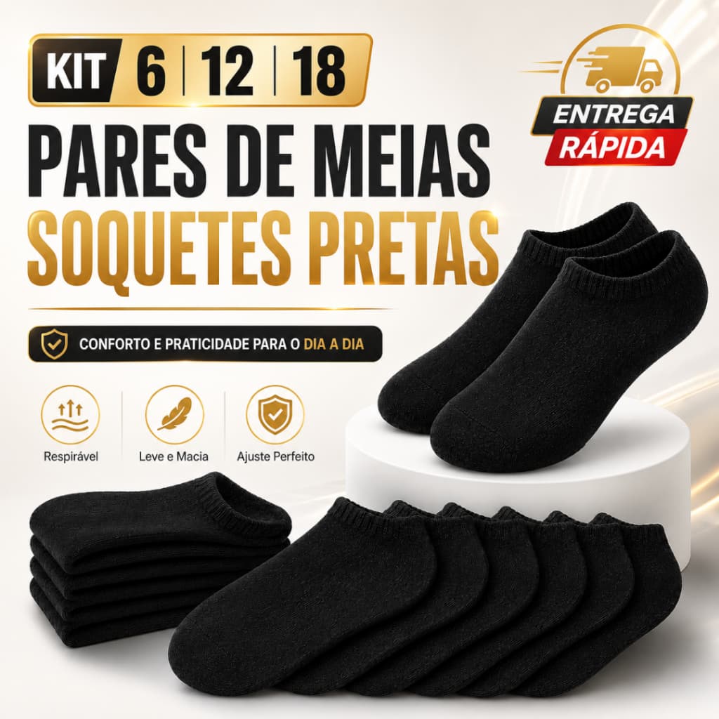 Kit 6/12/18 Pares de Meias Pretas Soquete Cano Curto Unissex Masculina Feminina