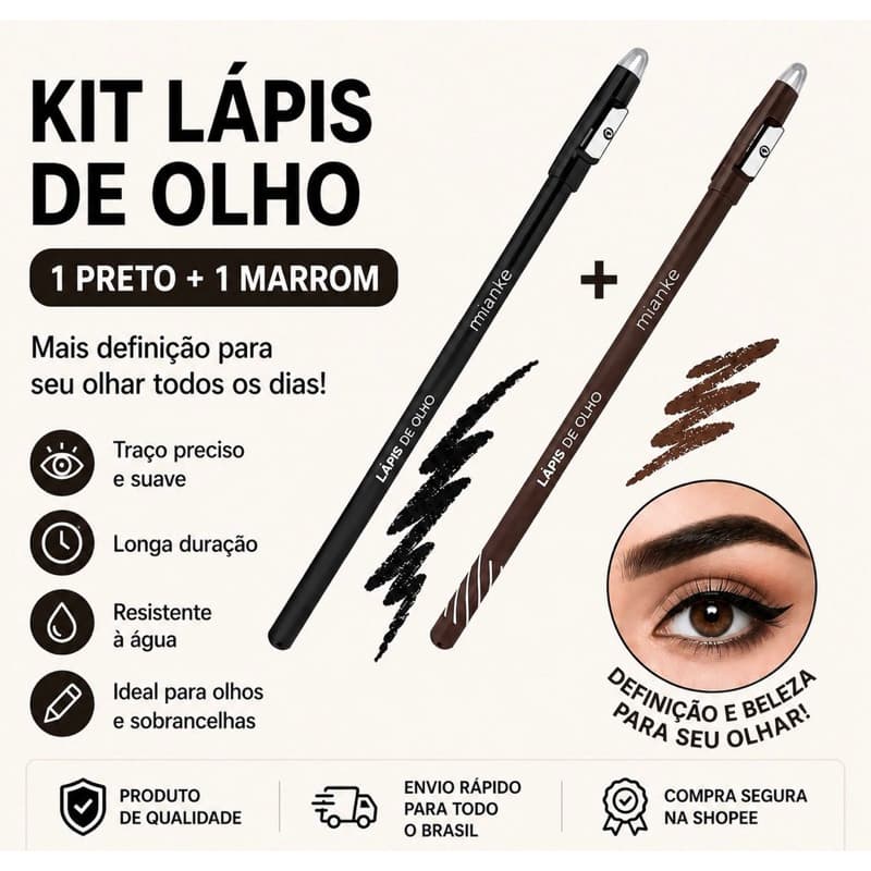 Kit Lápis de Olho Preto + Marrom Retrátil Longa Duração À Prova D’Água para Olhos e Sobrancelhas