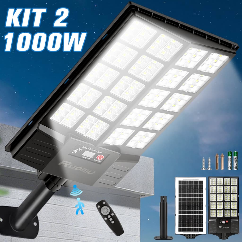 Kit 2 Luminária Solar Luz LED Com Sensor 1000W/900W/800W Iluminação Externa IP67