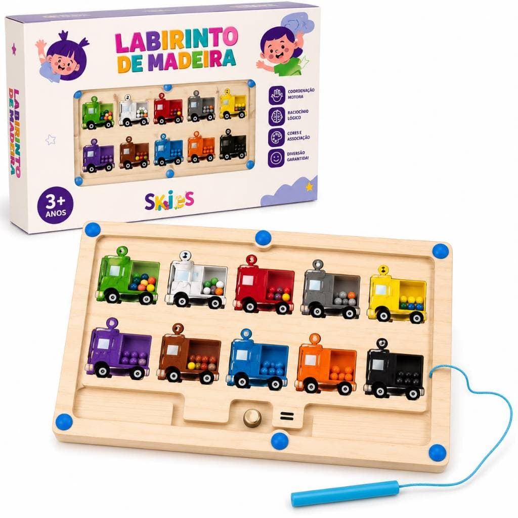 Labirinto Magnético de Madeira Infantil Caminhões Coloridos Educativo Montessori Coordenação