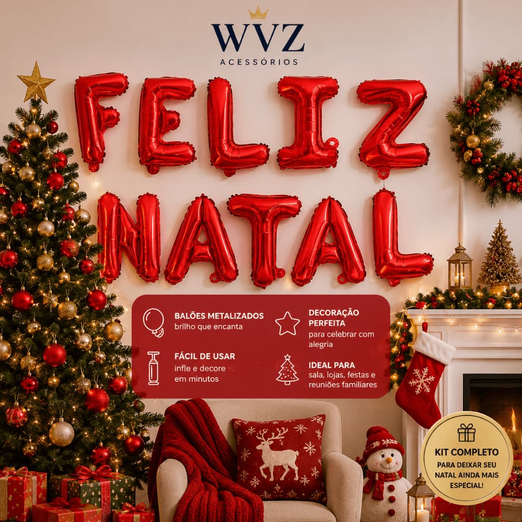 Kit Balões Feliz Natal 37cm Vermelho Metalizados Decoração Natal Festa Completo Soprador Fitilho 6m