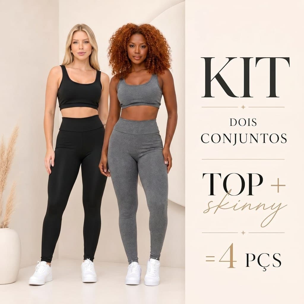 Kit 2 Conjuntos Fitness Pilates Feminino Top e Calça Legging Zero Transparência Para Academia Yoga