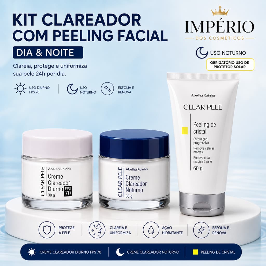 Creme Clareador Diurno FPS 70 p/ manchas e melasma e Creme Clareador Noturno Abelha Rainha