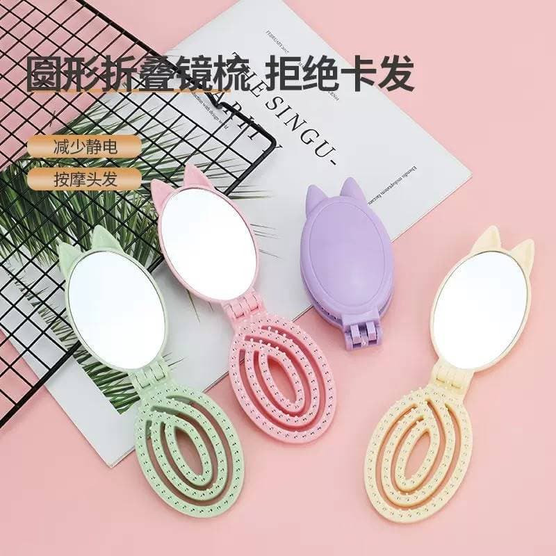 Pente Desembaraçador Dobrável com Espelho, Pincel de Maquiagem Portátil para Mulheres, Cor de Macaron.CORES SORTIDOS