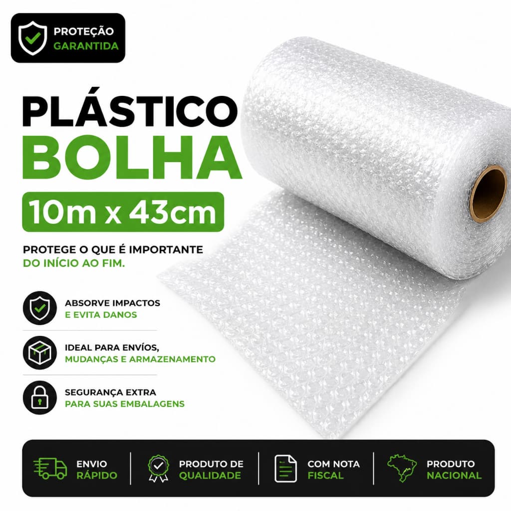 Plástico Bolha 43cm x 10m para Embalagem Proteção Mudança Envio Imediato E-commerce Objetos Frágeis