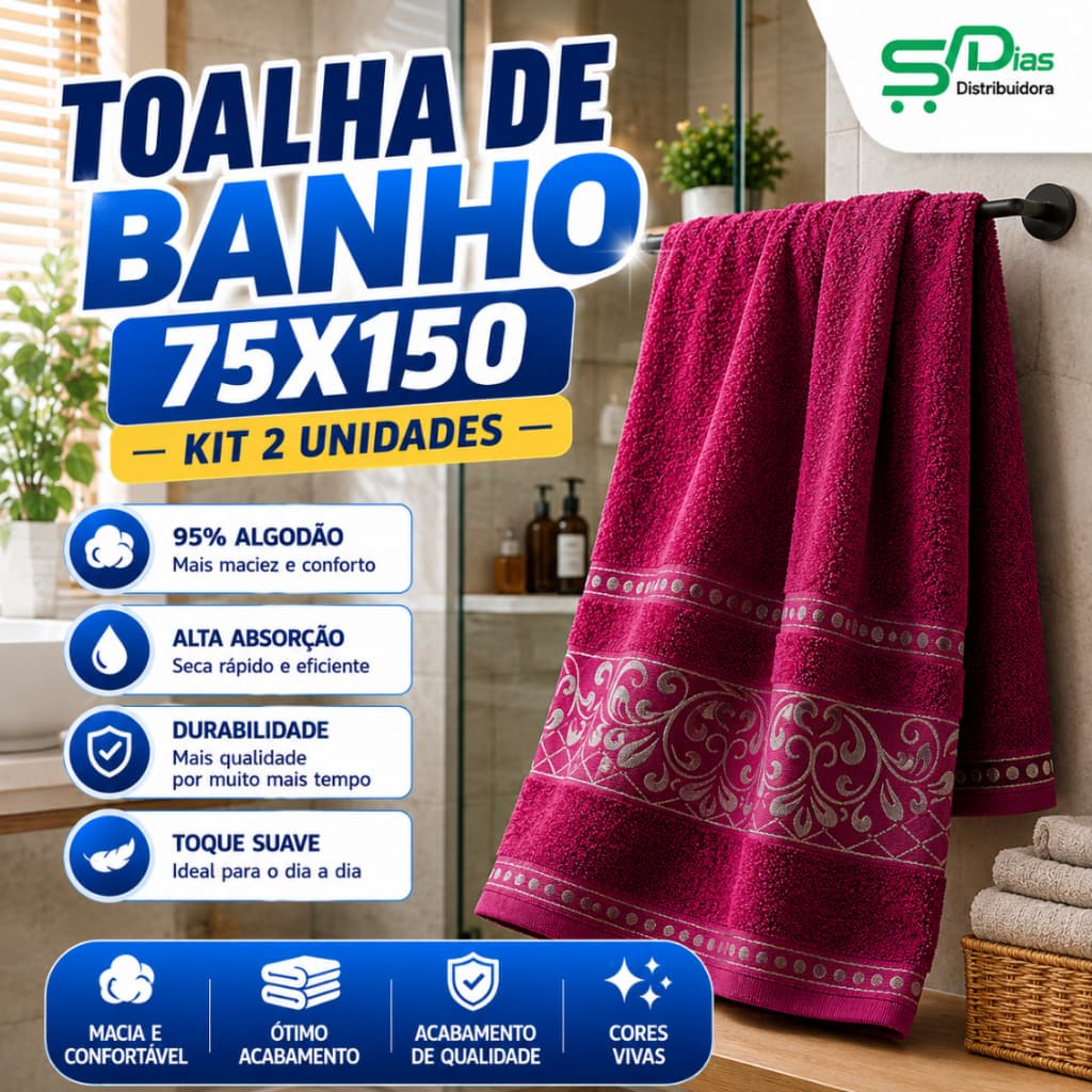 Kit 2 Toalhas de Banho 75x150cm 95% Algodão – Macia Alta Absorção Escolha a Cor