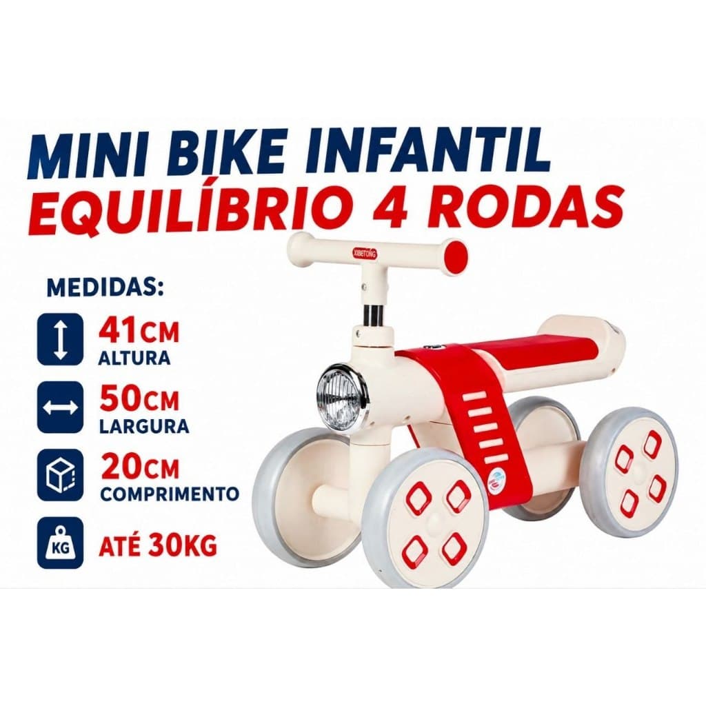 Mini Bike Equilíbrio Infantil Quatro Rodas Azul Vermelha Estável Segura Confortável