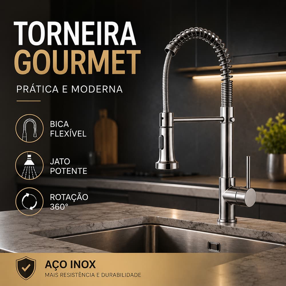 Torneira Gourmet Cromada Cozinha Mola Flexível Jato Único Bica Móvel Água Fria Pia Cuba Moderna