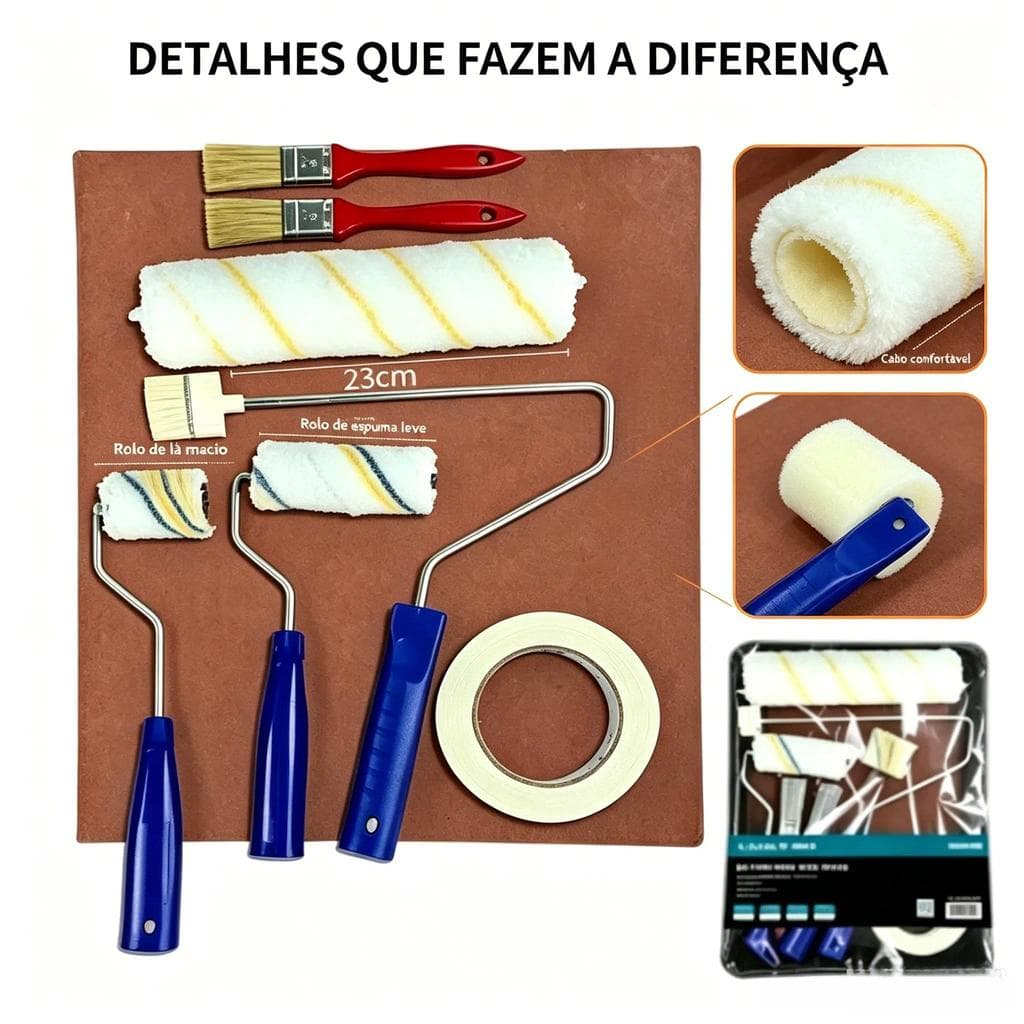 Kit Pintura Profissional 8 Peças Compel Sem Respingo 2 Rolos 23cm + rolo 9cm + pincel + Espátula + Mexedor + suporte