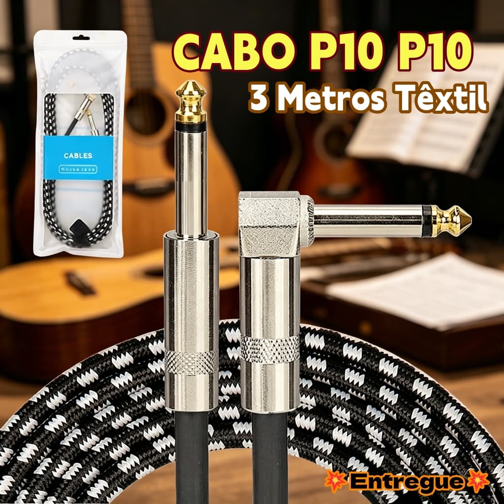 Cabo Guitarra Violão Baixo 3m Metros Blindado P10 P10 Têxtil Redução de Ruído, Transparência de Som