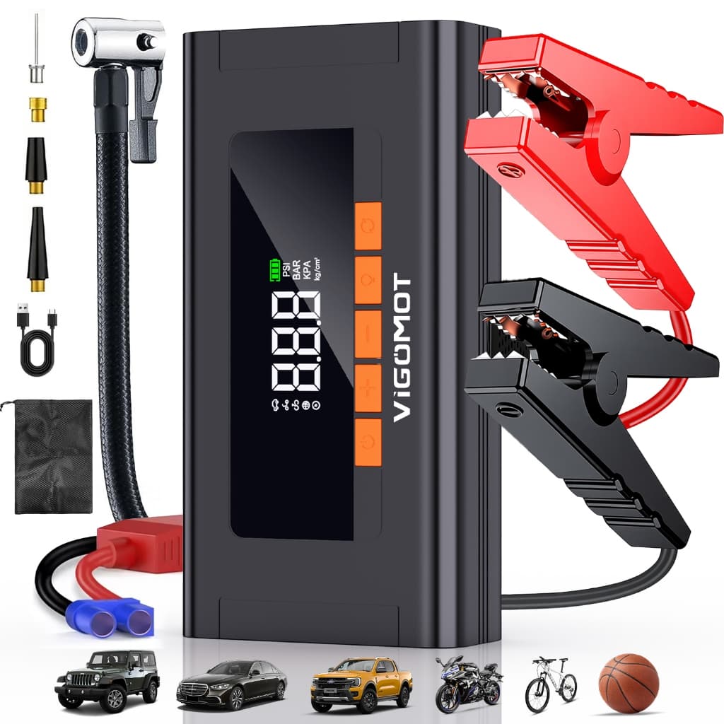 VIGOMOT Arrancador de Bateria para Carro 4 em 1, Compressor 150PSI, 6000mAh, Multifuncional para Veículos Automotivos