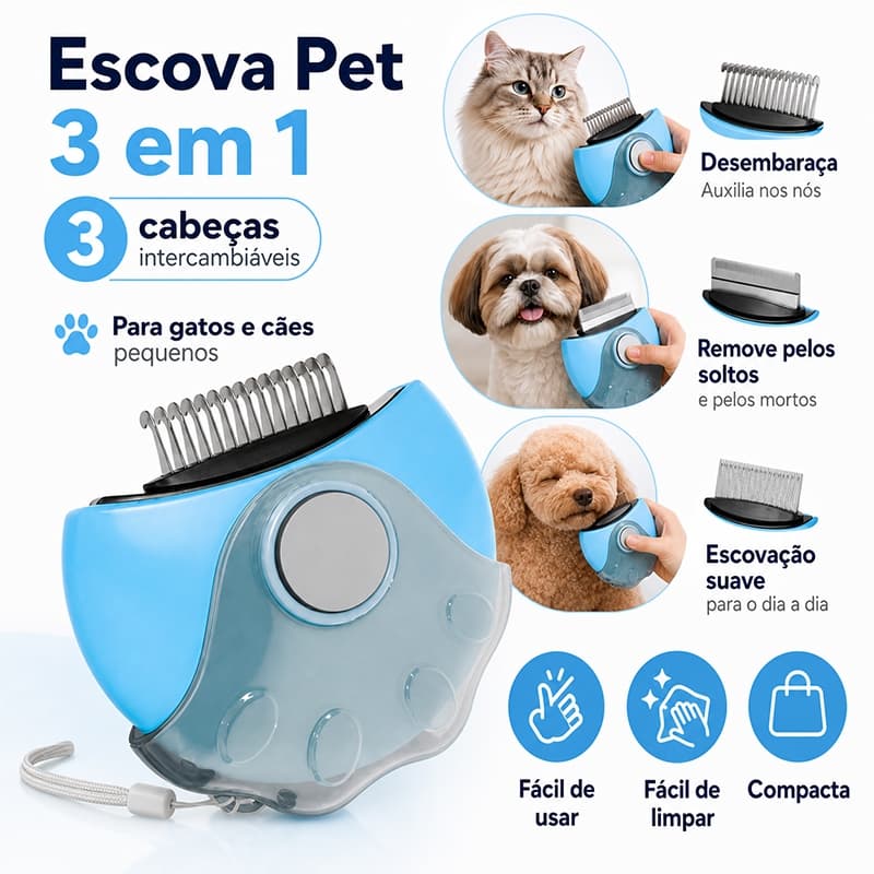 Escova Pet 3 em 1 para Gatos e Cães, Pente Removedor de Pelos, Desembaraçador e Massageador