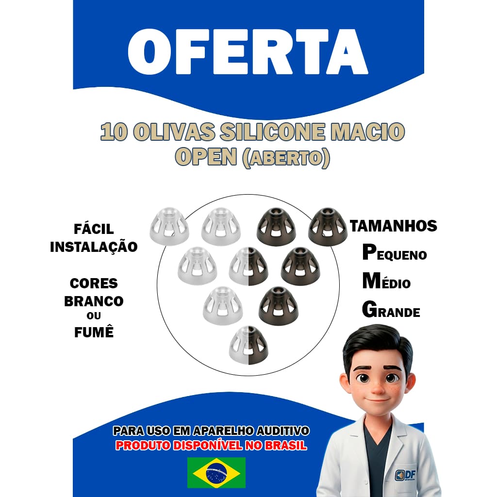 Pacote Com 10 Olivas Silicone Open ( Aberta ) para Aparelho Auditivo P M G