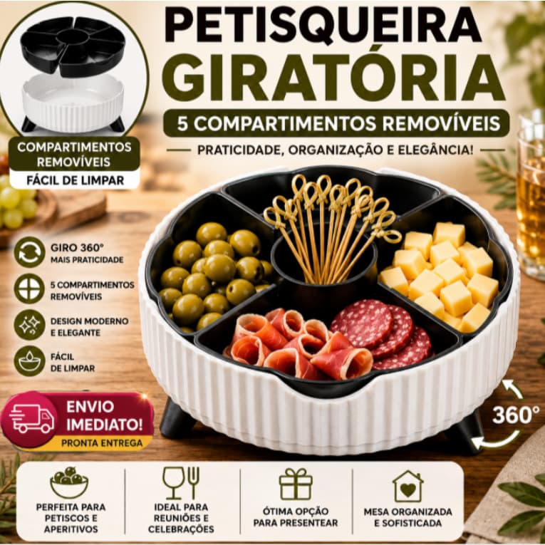 Petisqueira Giratória 360° 5 Divisórias Removíveis Porta Petisco Fruta Frios Aperitivo Amendoim Doce