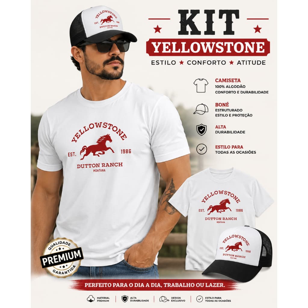 Kit Camiseta + Boné Yellowstone Dutton Ranch Country Masculino 100% Algodão Estilo Western Premium