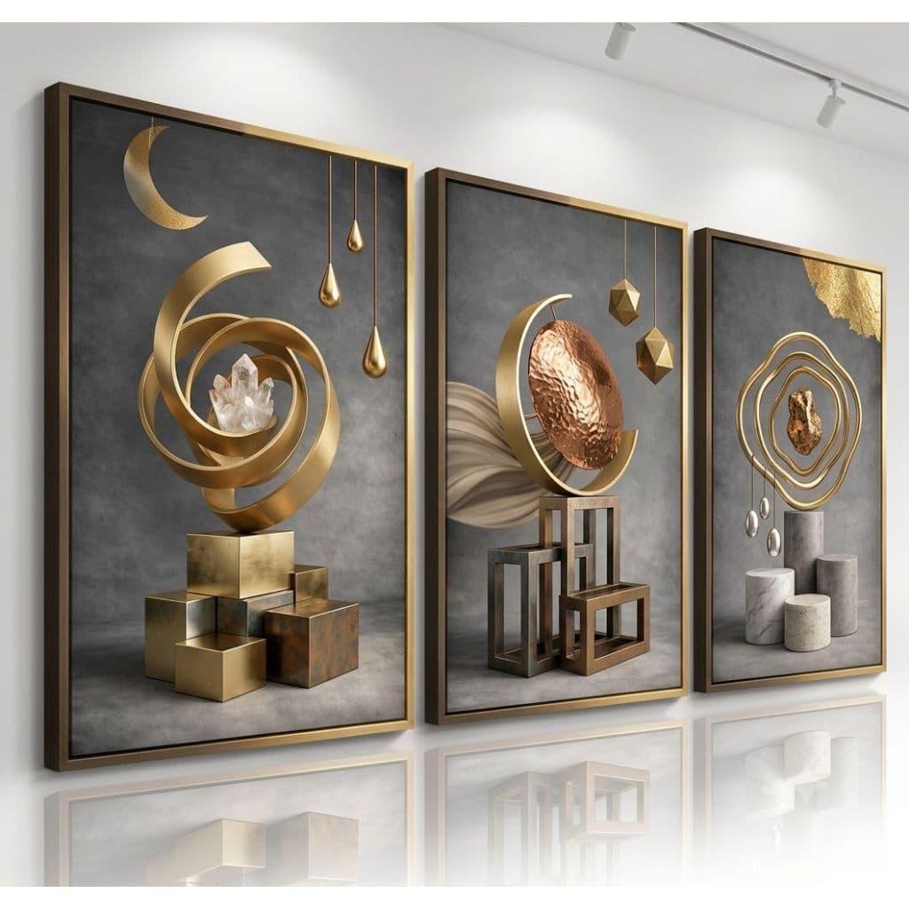 Quadros Decorativos Kit 3 Peças Abstrato Cinza Dourado Premium Luxo Sala Moderna