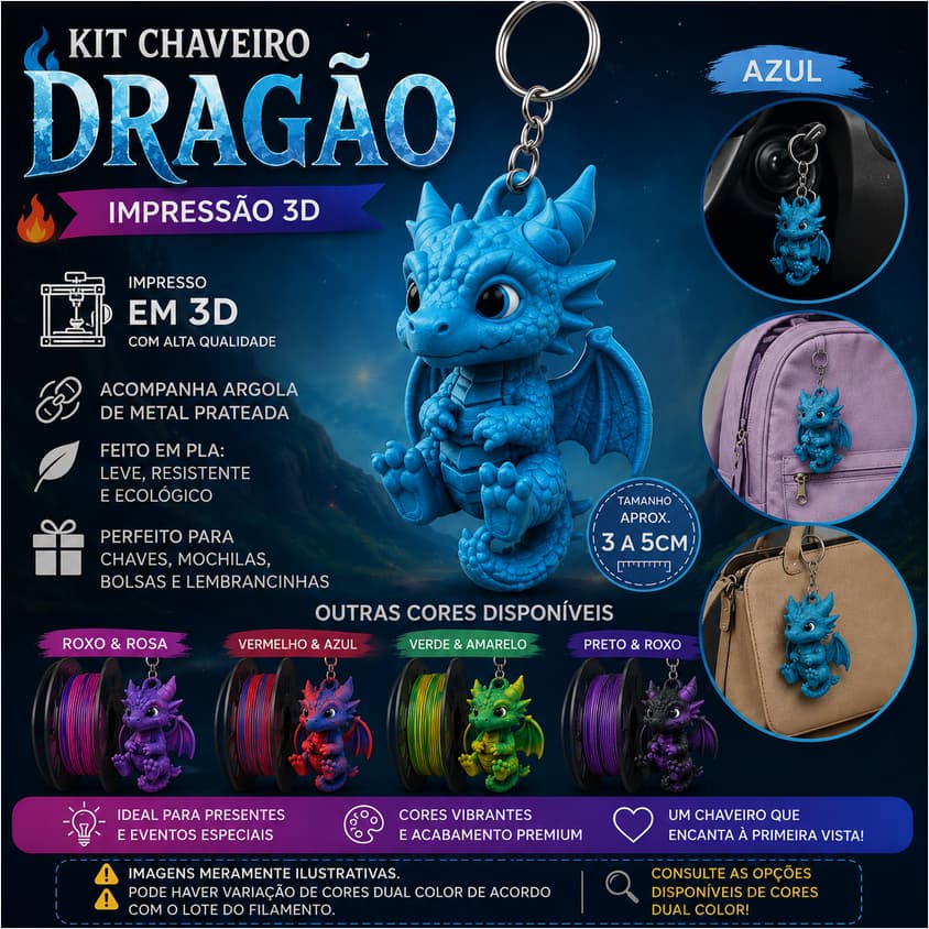 Kit 10 a 40 Chaveiros Dragãozinho 3D de 3 a 5cm | Colecionável | Lembrancinha | Item Personalizável | Decoração