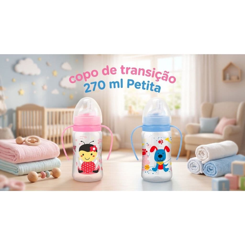 Copo Treinamento Antivazamento Alças Bico Silicone Petita Cristal +6M 270ml