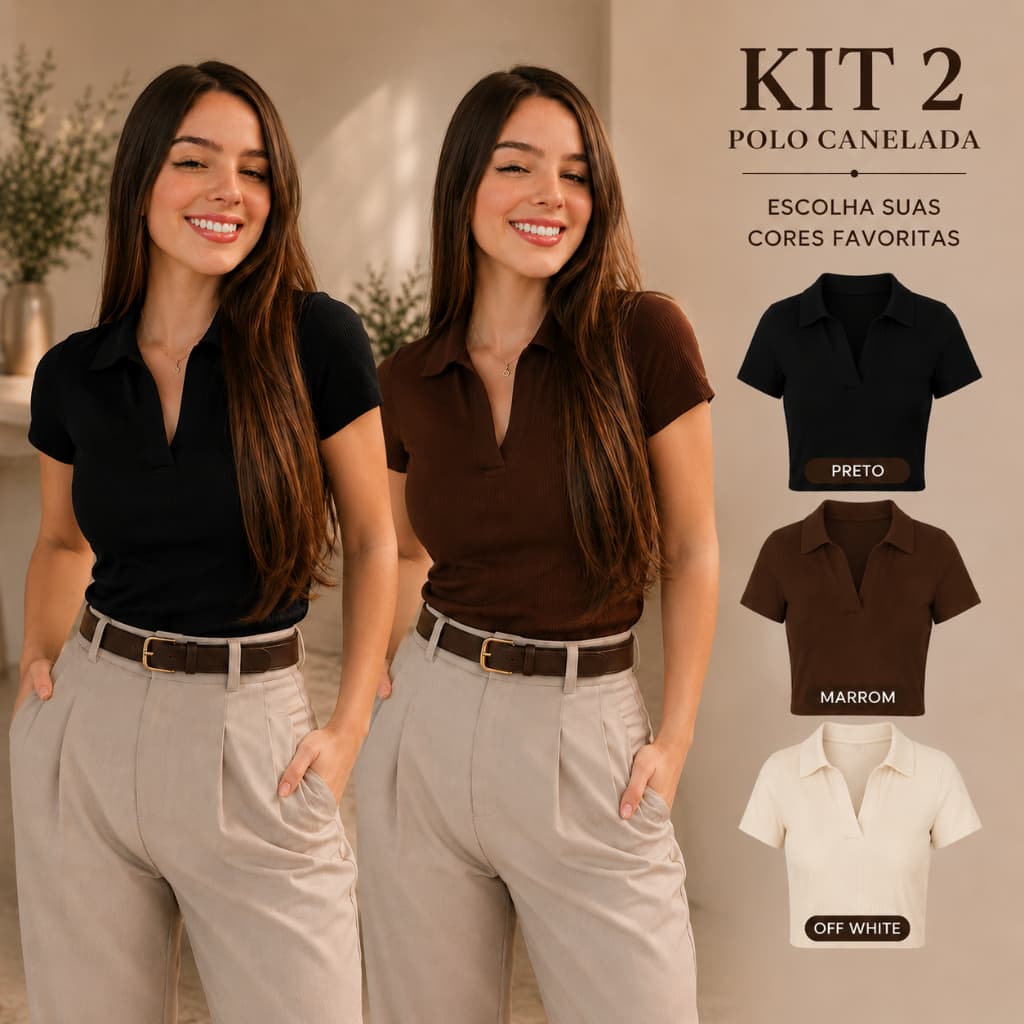 Kit 2 Blusas Polo Feminina Ribana Canelada Manga Curta Casual Elegante Confortável