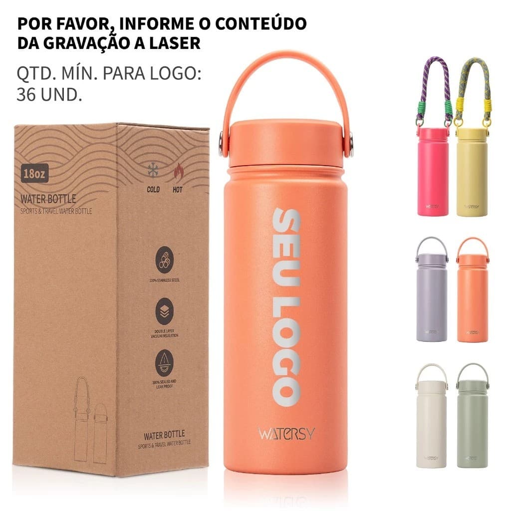 Watersy Garrafa Térmica Portátil 532ml 18oz Inox 18/8 com(Link Para Personalização)