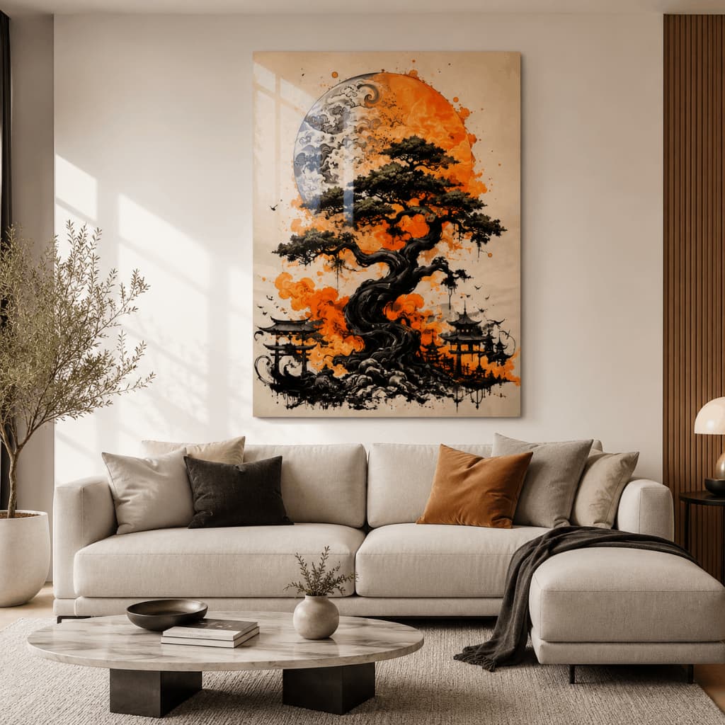 Quadro Decorativo Árvore Japonesa Lua Laranja Arte Oriental Para Sala
