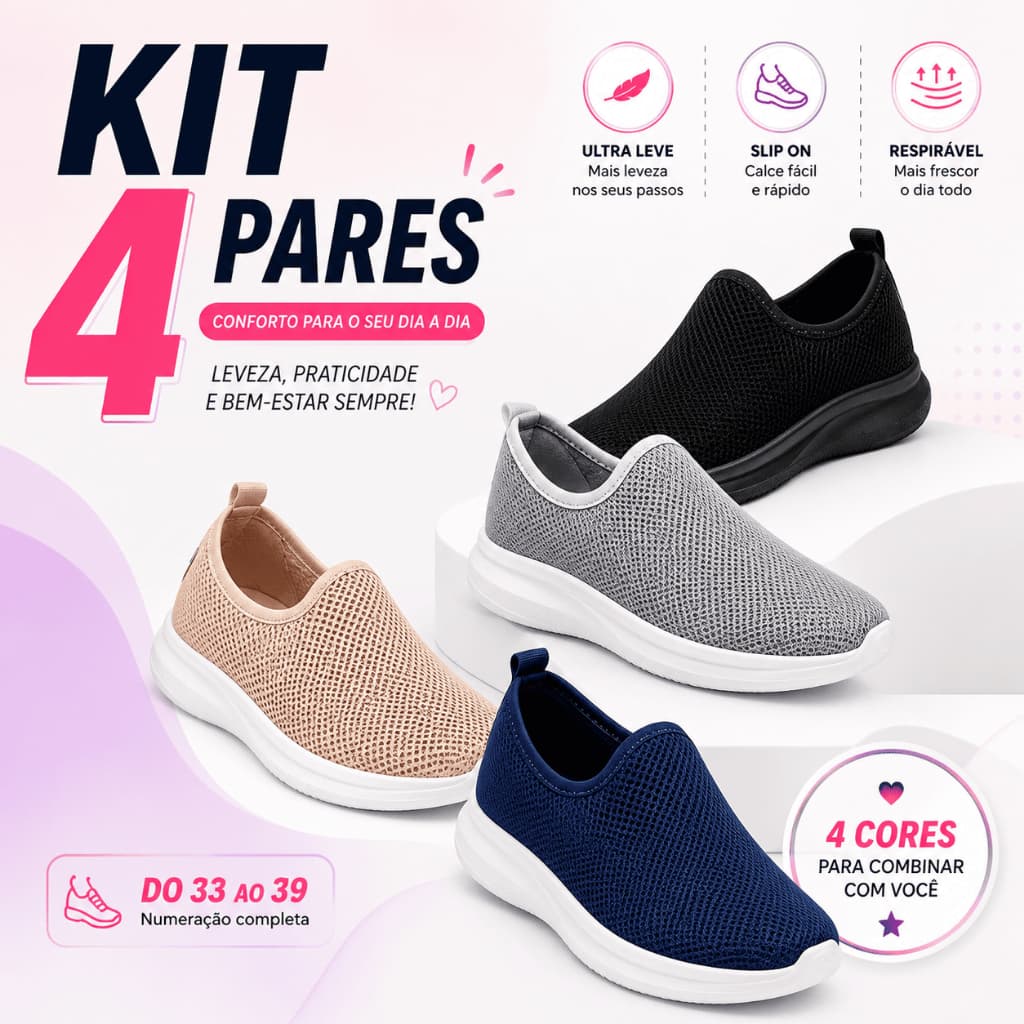 Kit 4 Pares Tênis Feminino Casual 33-39 Tipo Meia Malha Respirável Leve Para Trabalho Caminhada Antiderrapante
