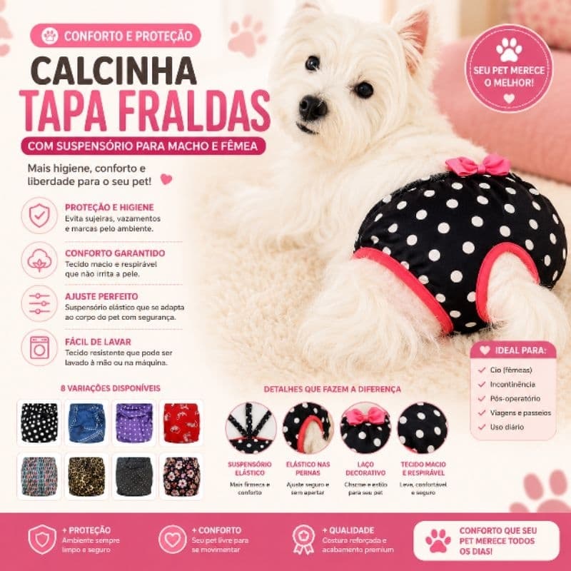 Calcinha Pet Tapa Fraldas c/Suspensório para Macho e Fêmea