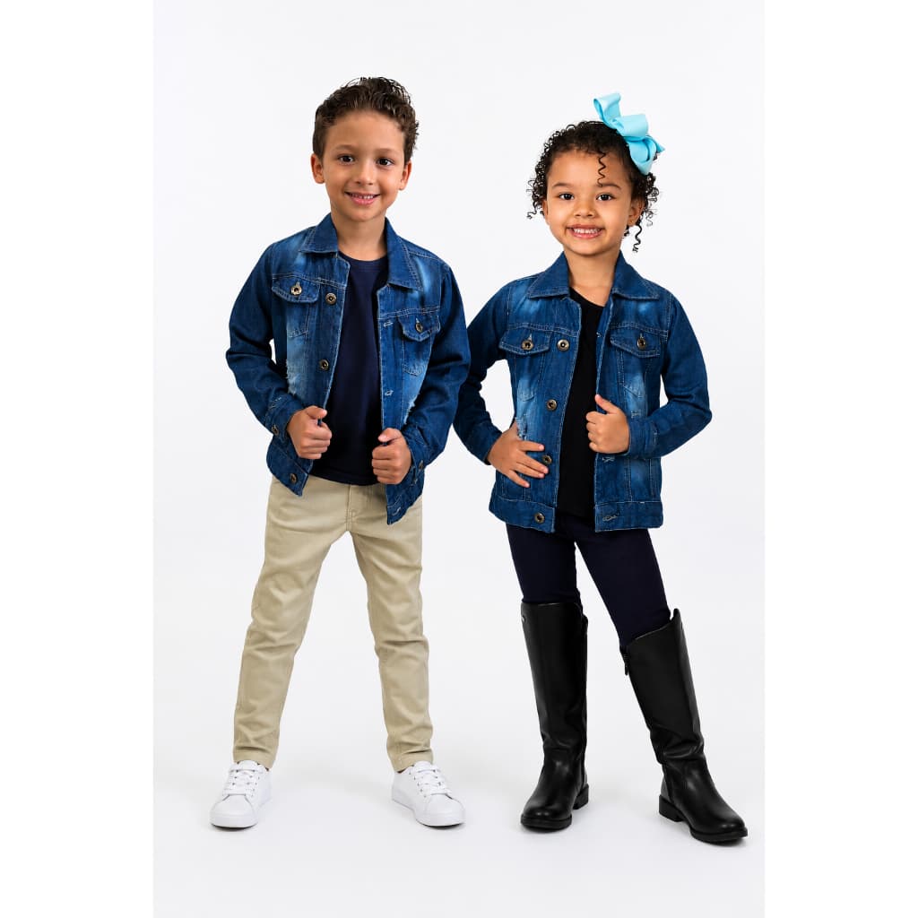 Jaqueta Jeans Casaco Menino e Menina Infantil Azul Escuro